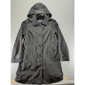 London Fog Womens Black Hooded Trench Coat Rain Jacket Petite Medium PM